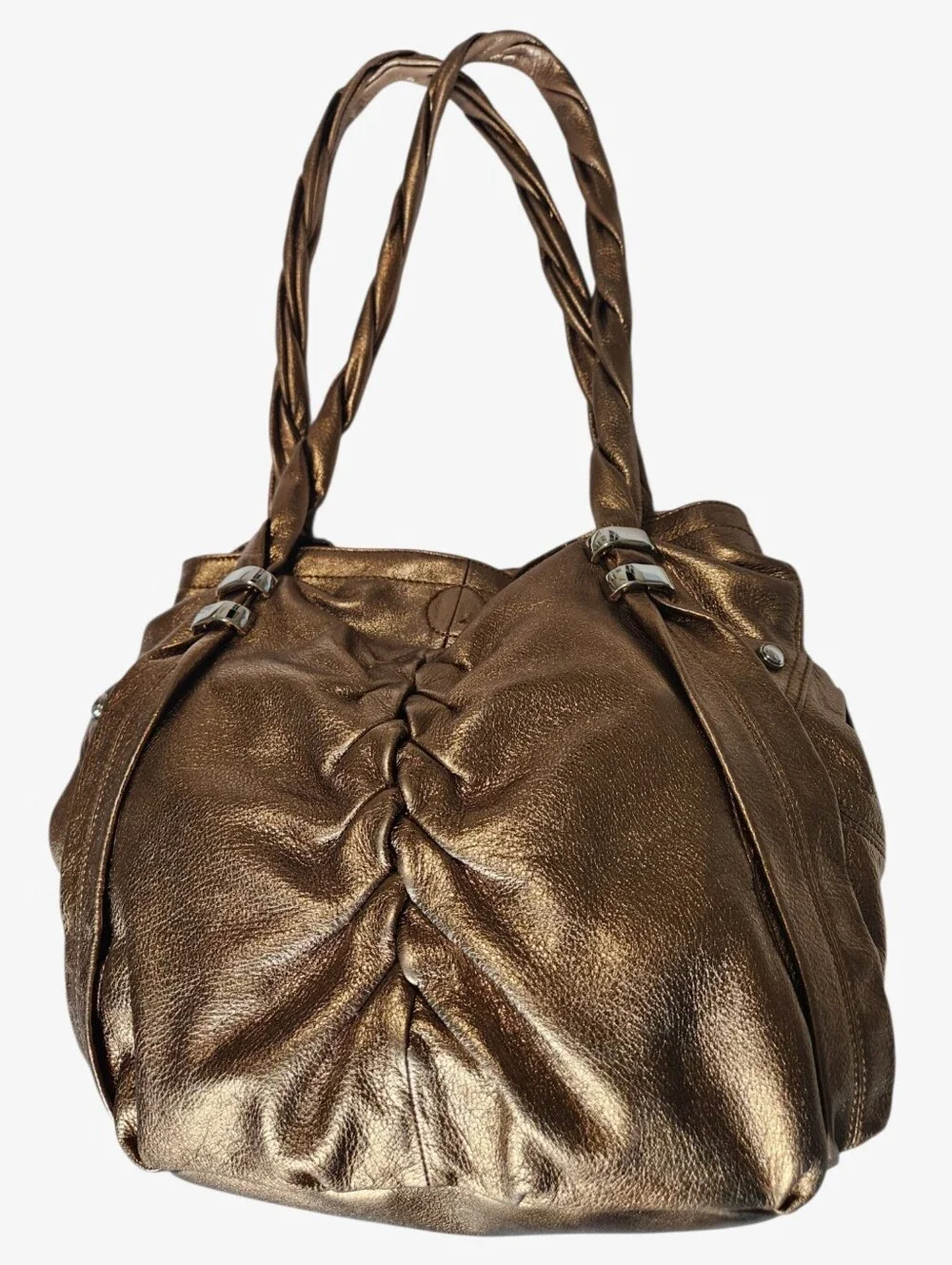 B. Makowsky Leather Gold Bronze Metallic Hobo Shoulder Bag